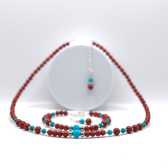 Red Coral & Turquoise Choker Necklace - Picture 1 of 10